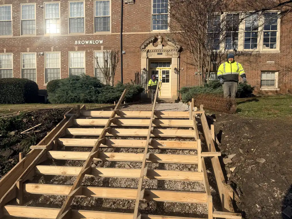 Forms and stringers built for a full flight of commercial concrete stairs in Knoxville, Tennessee